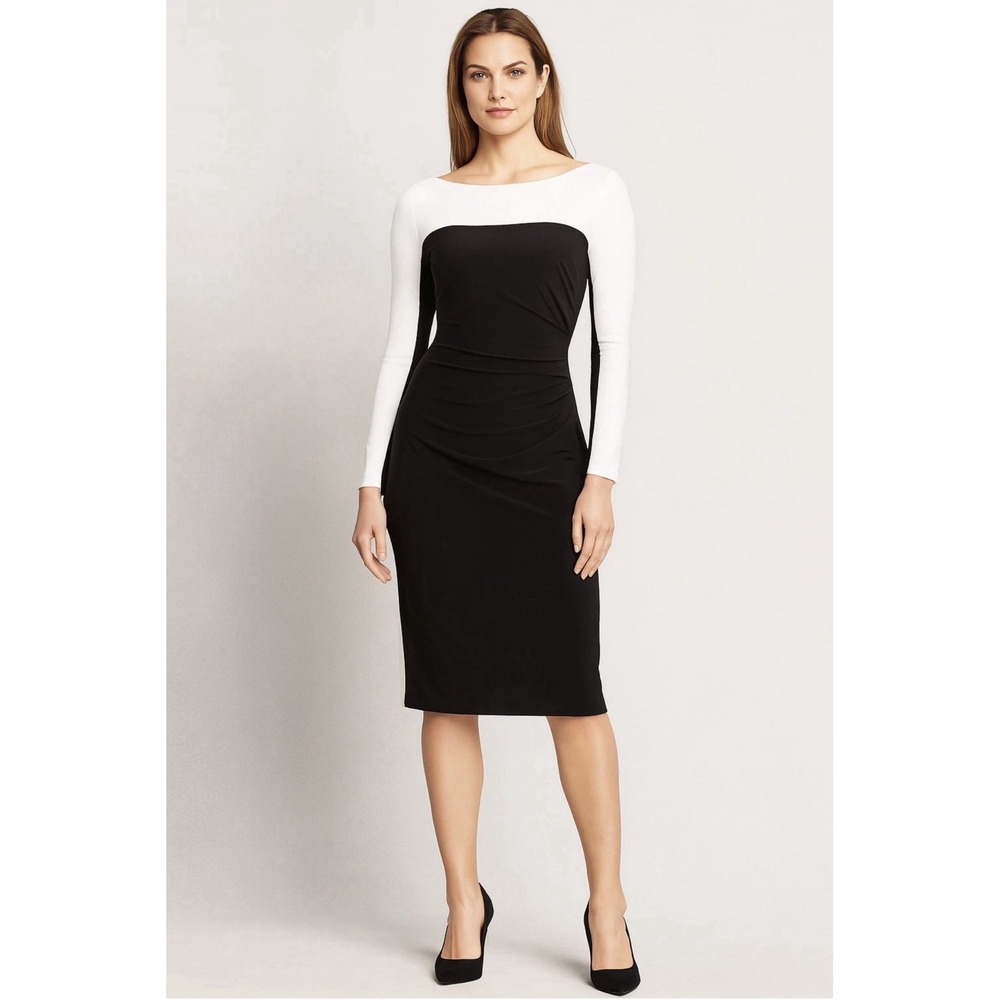 Lauren Ralph Lauren Womens Black White Colorblock Wrap Sheath Dress 10 Old Money